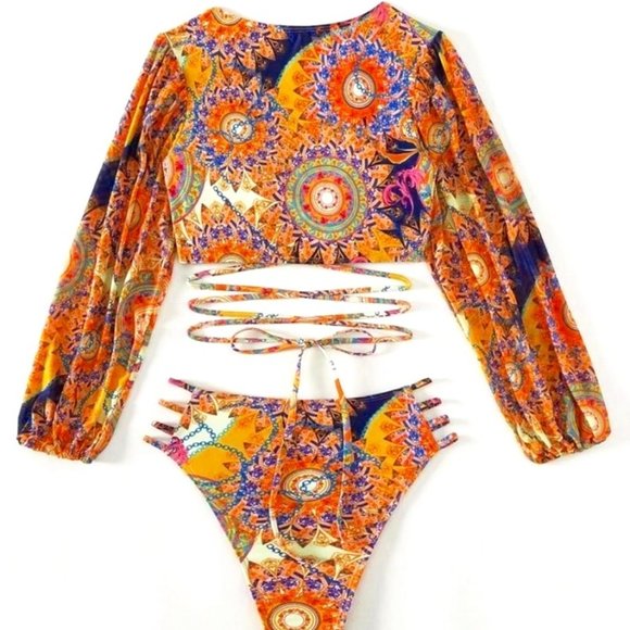 Callie Gypsy Sleeve: Multicolor Paisley Padded Plunge V-Neck Wrap Around Bikini - Picture 10 of 17